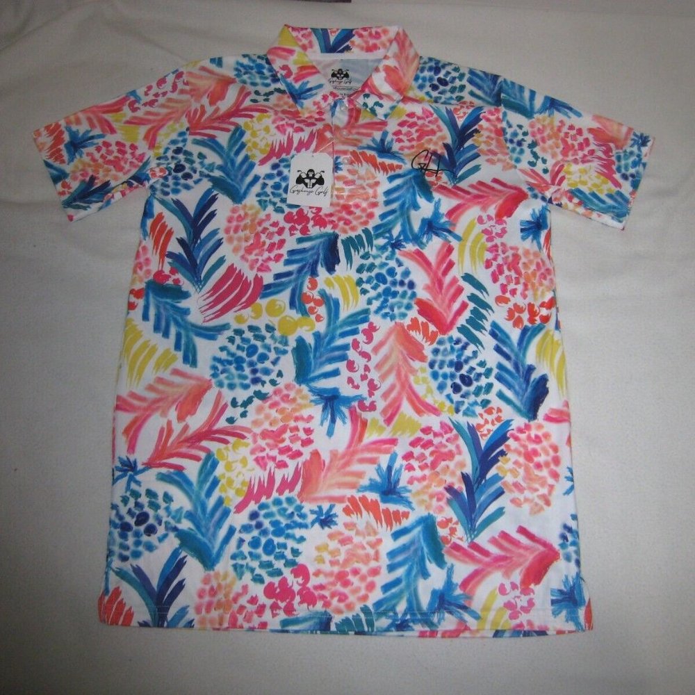 Gashouse Golf Men's Pineapples Print Stretch Wicking Polo Shirt Sz M